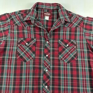 Vtg Wrangler Short Sleeve Western‎ Shirt Men Size XL Pearl Snap Green Red Plaid